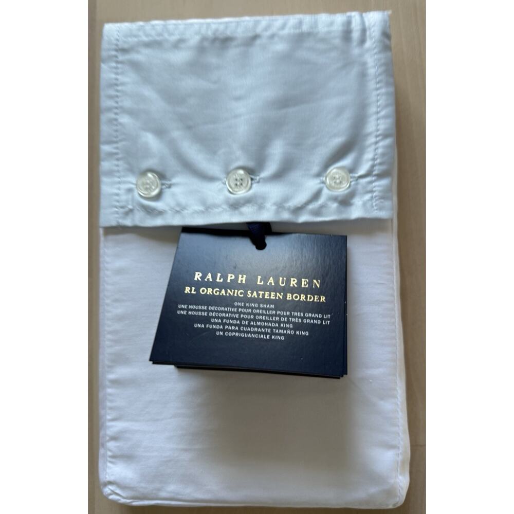 Ralph Lauren Palmer Percale‎ King Sham Organic Cotton Hyacinth Lt Blue Trim